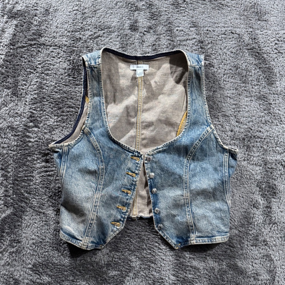 Y2K Womens Light Wash Denim Vest Cropped Button Front Blue Size Large